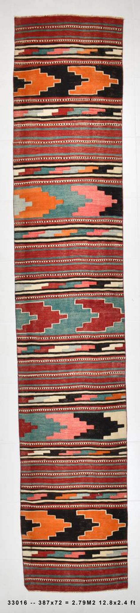 2x13 Green & Red Stair Kilim Runner Rug, 72x387Cm