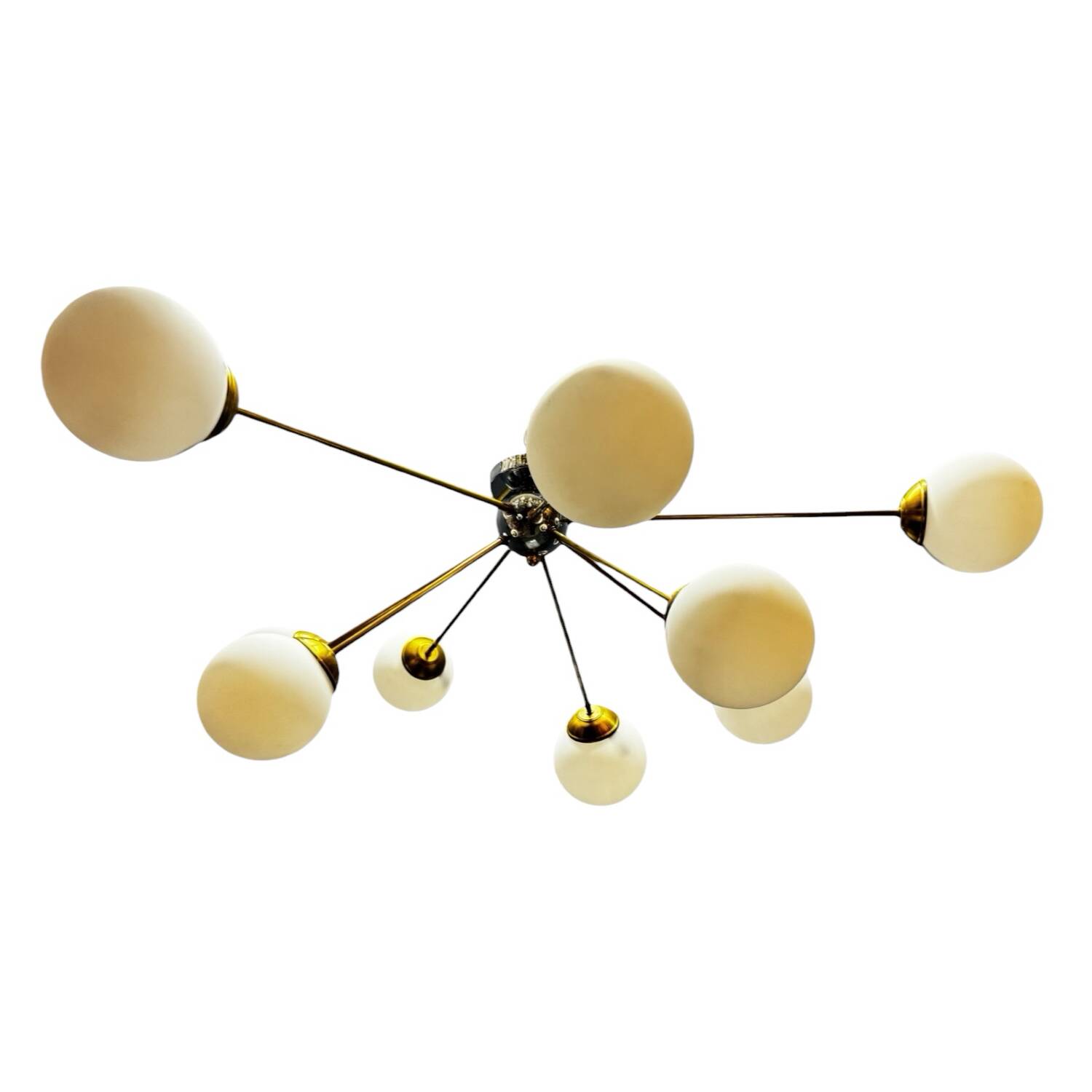 Post-Modern Sputnik Chandelier in Brass and Opaline Glass, Italy, 1980