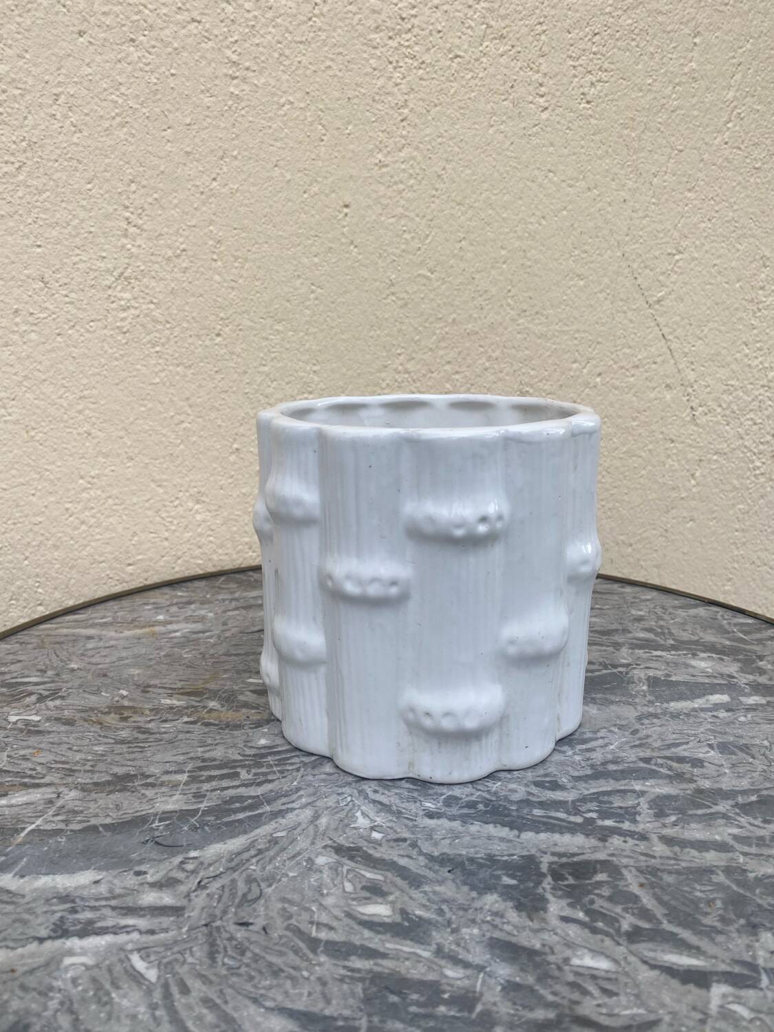 White earthenware flowerpot with bamboo decoration, signed and numbered