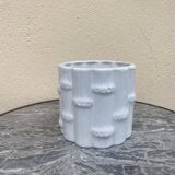 White earthenware flowerpot with bamboo decoration, signed and numbered