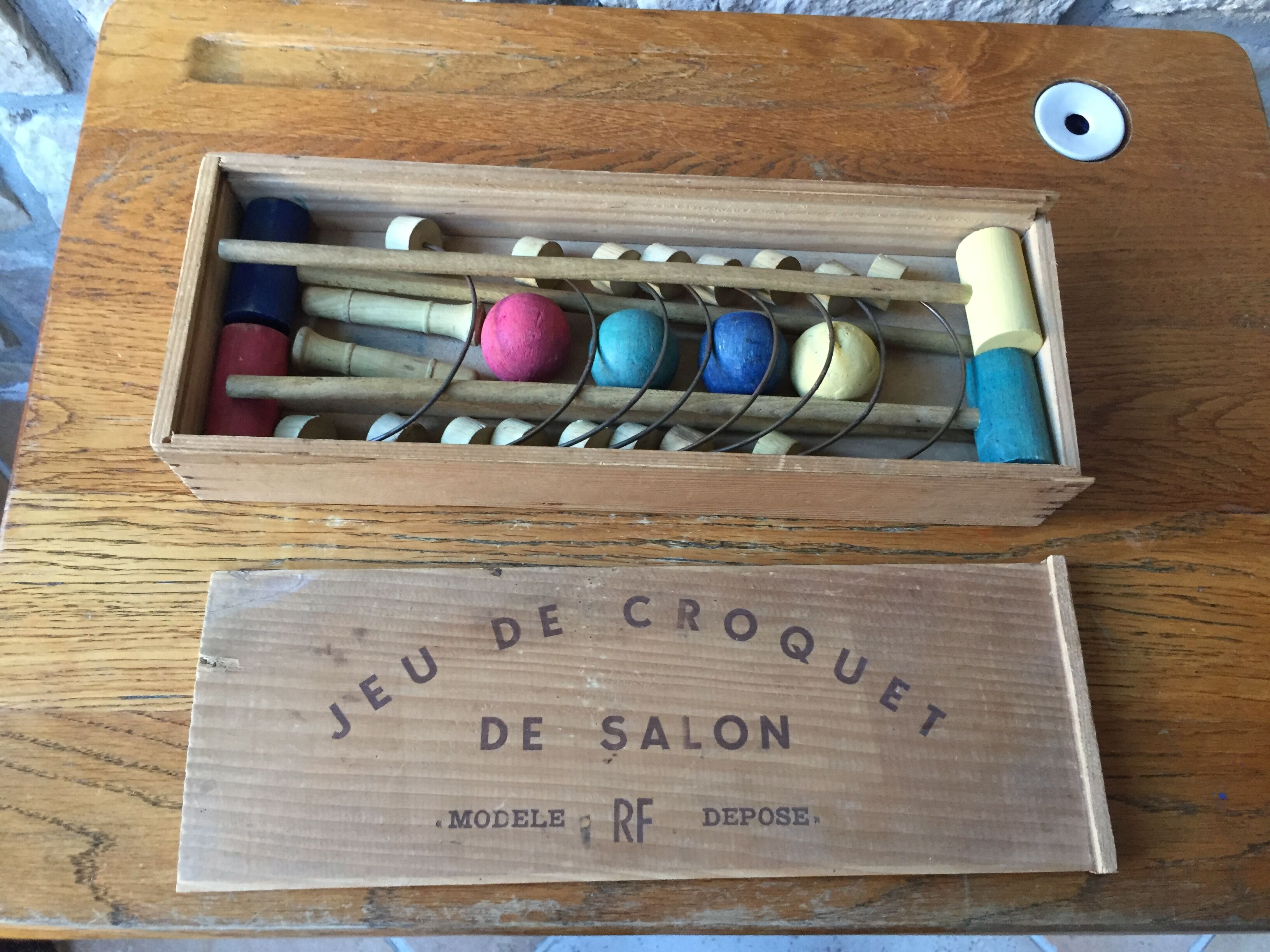 Old wooden lounge croquet game in its box