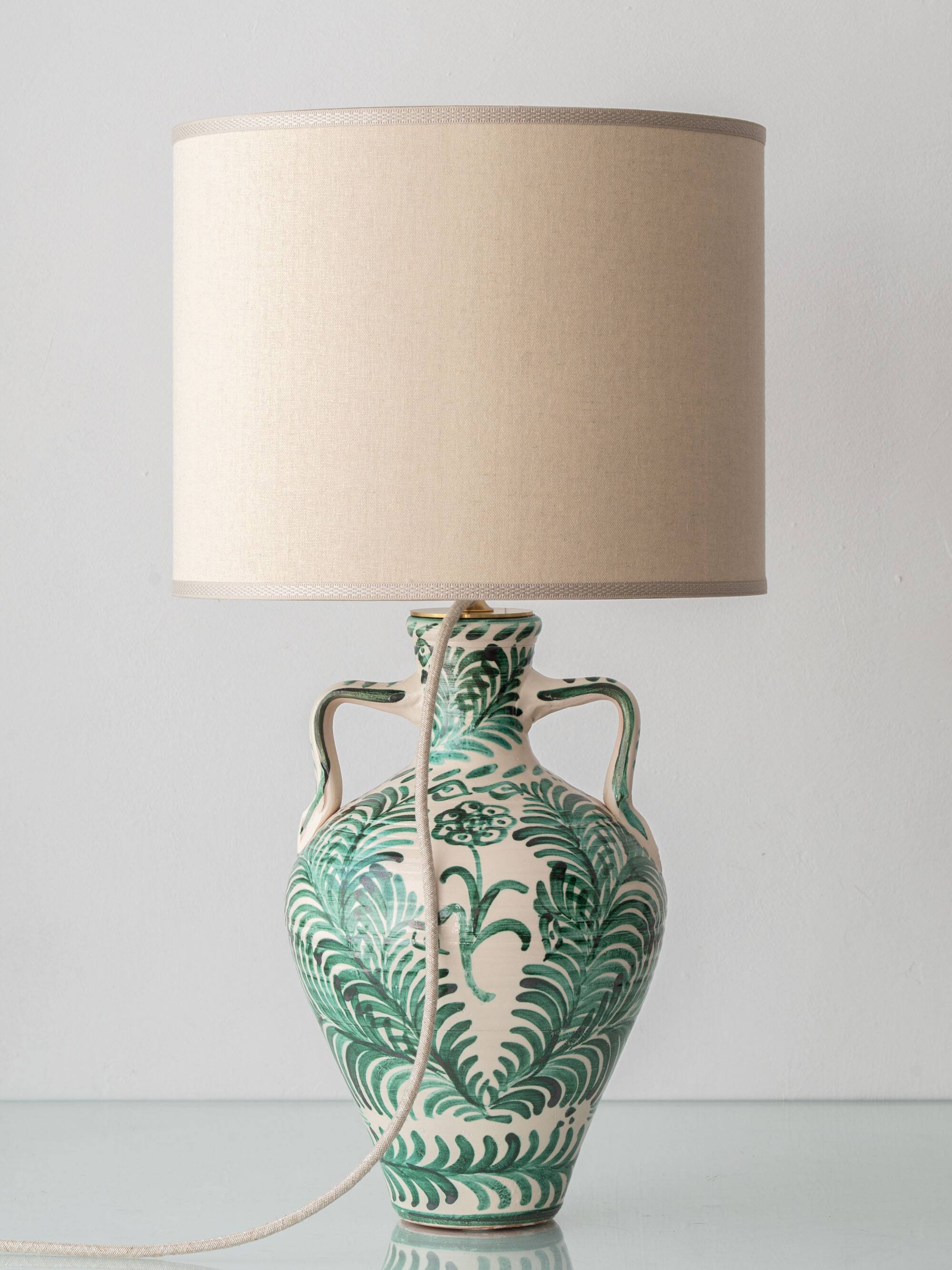Pair of Spanish Revival Ceramic Table Lamps from Granada, New Linen Lampshades