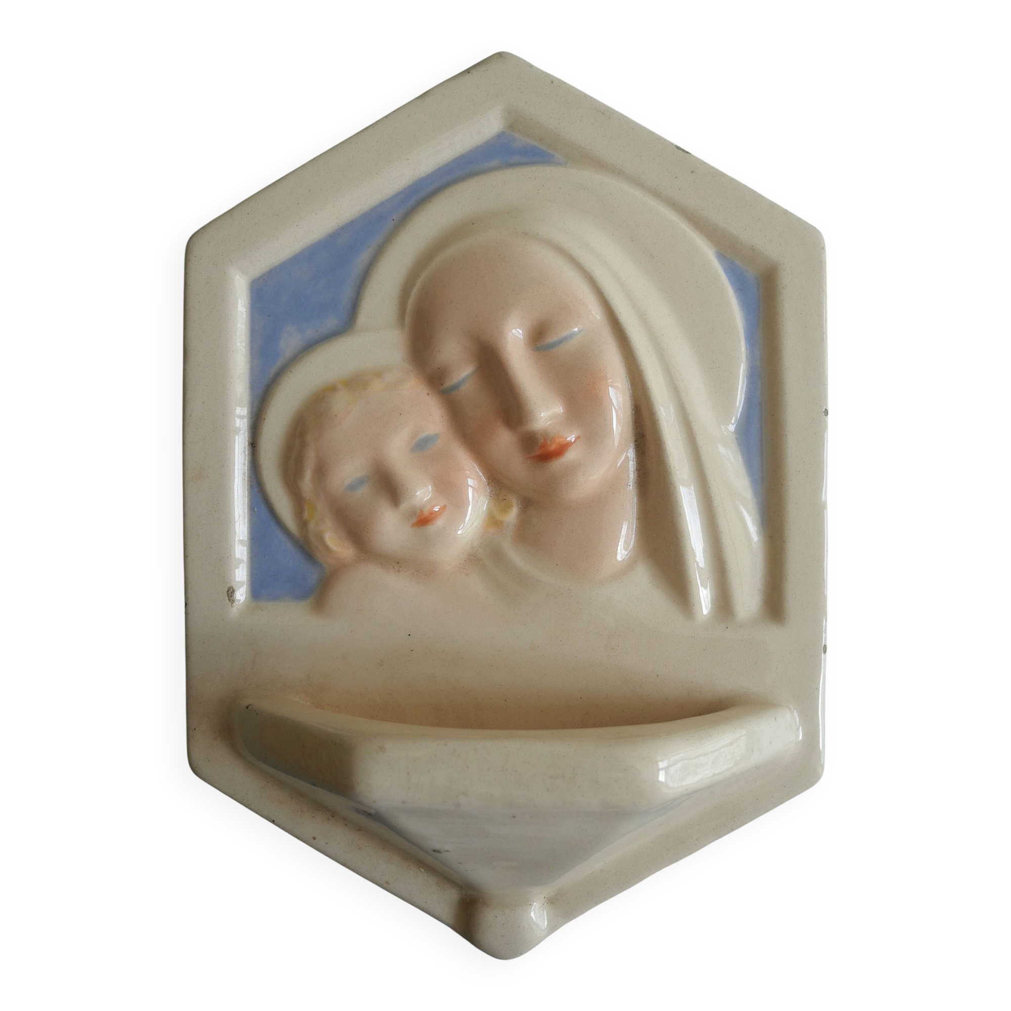 ancient holy water font Desvres Fourmaintraux earthenware