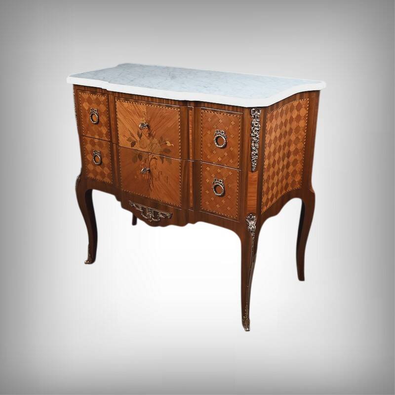 Commode sauteuse en marqueterie, style Transition Louis XV - Louis XVI – milieu XXe