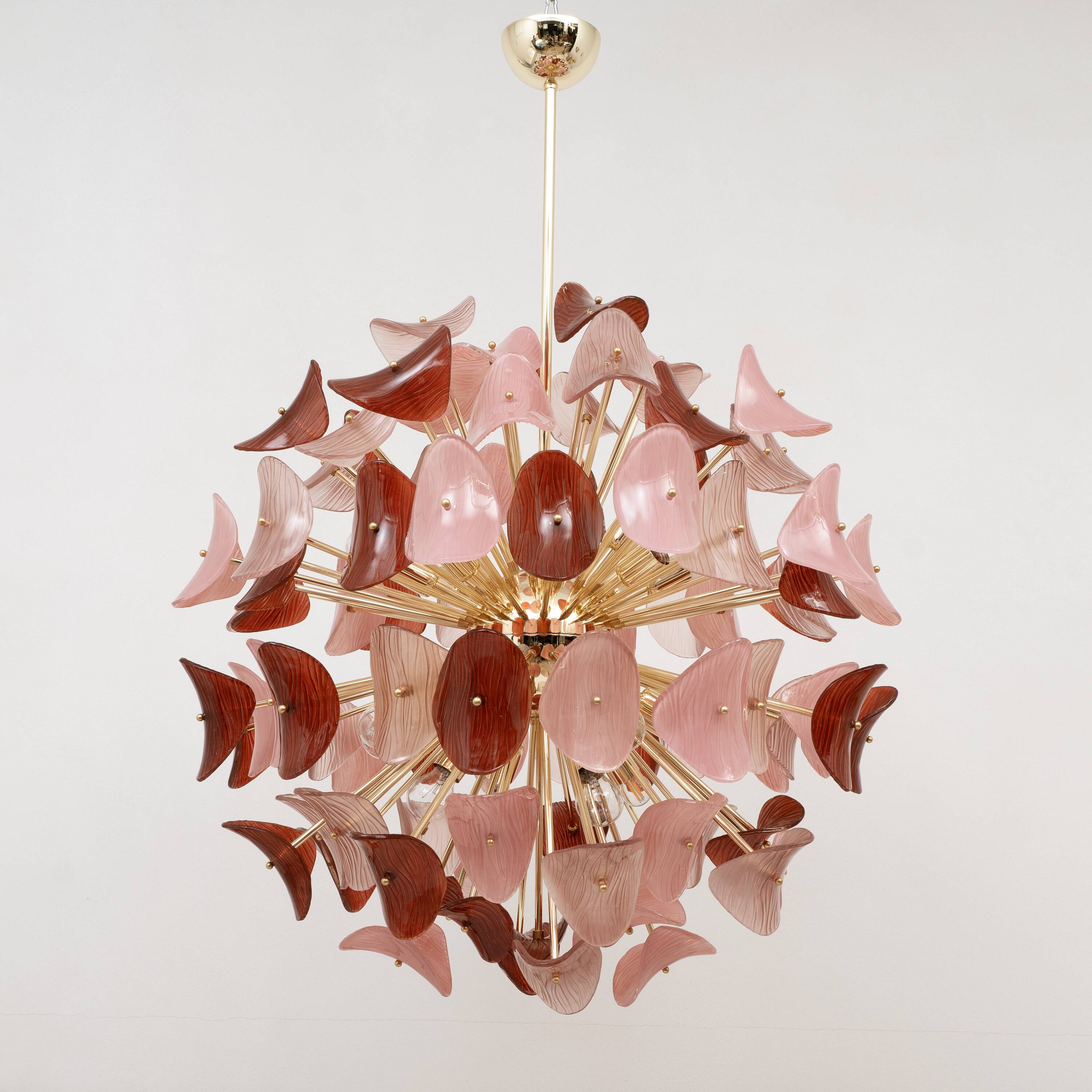 Italian Sputnik Chandelier in Pink and Ruby Murano Glass and Brass