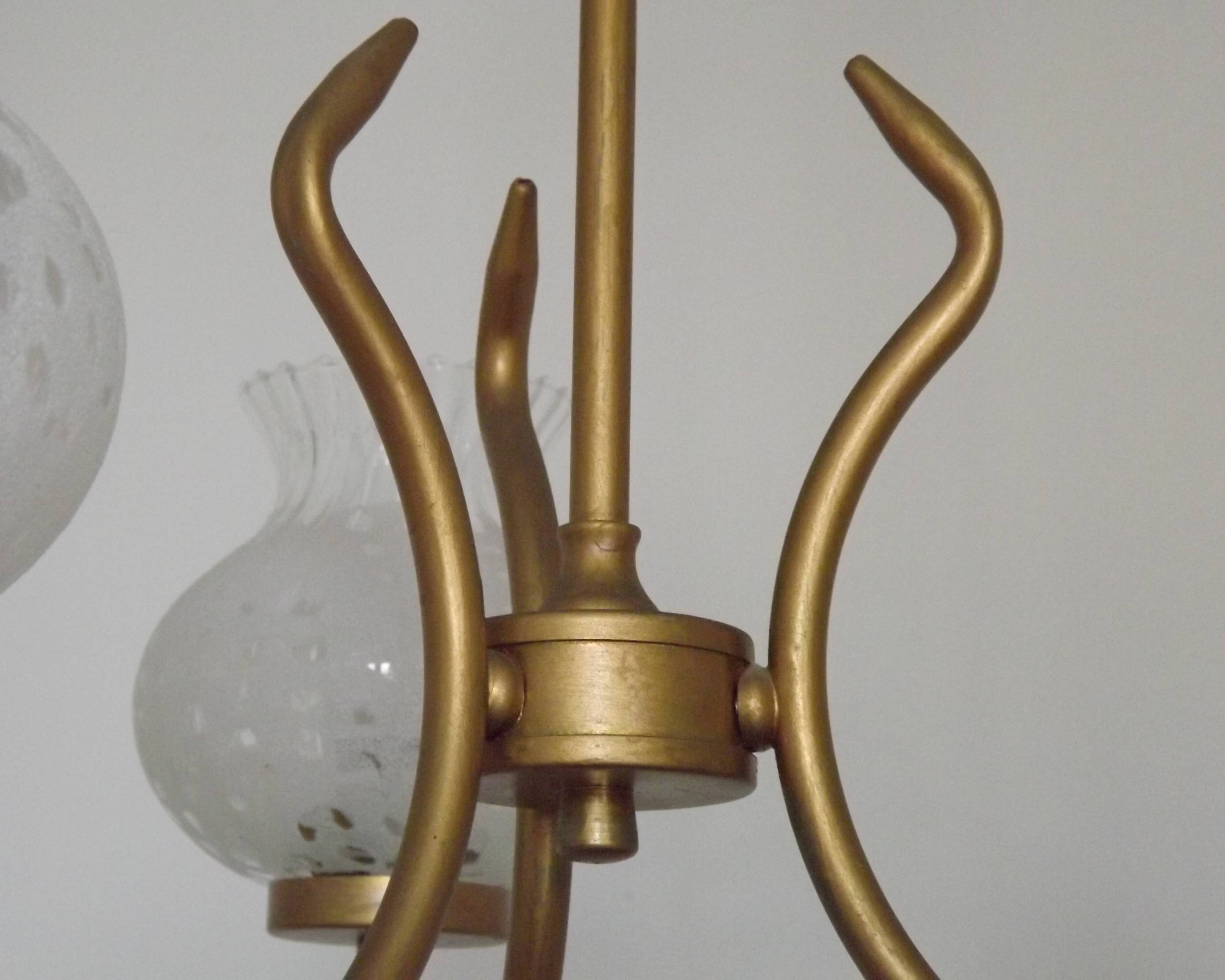 French Mid Century 3 Light Gold Metal Chandelier Textured Glass Shades