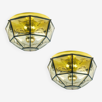 Pair of mid-century minimalist iron & glass flush mounts / ceiling lamps from limburg, germany, 1960