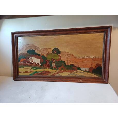 Wooden table, varnished painting signed Clavere.