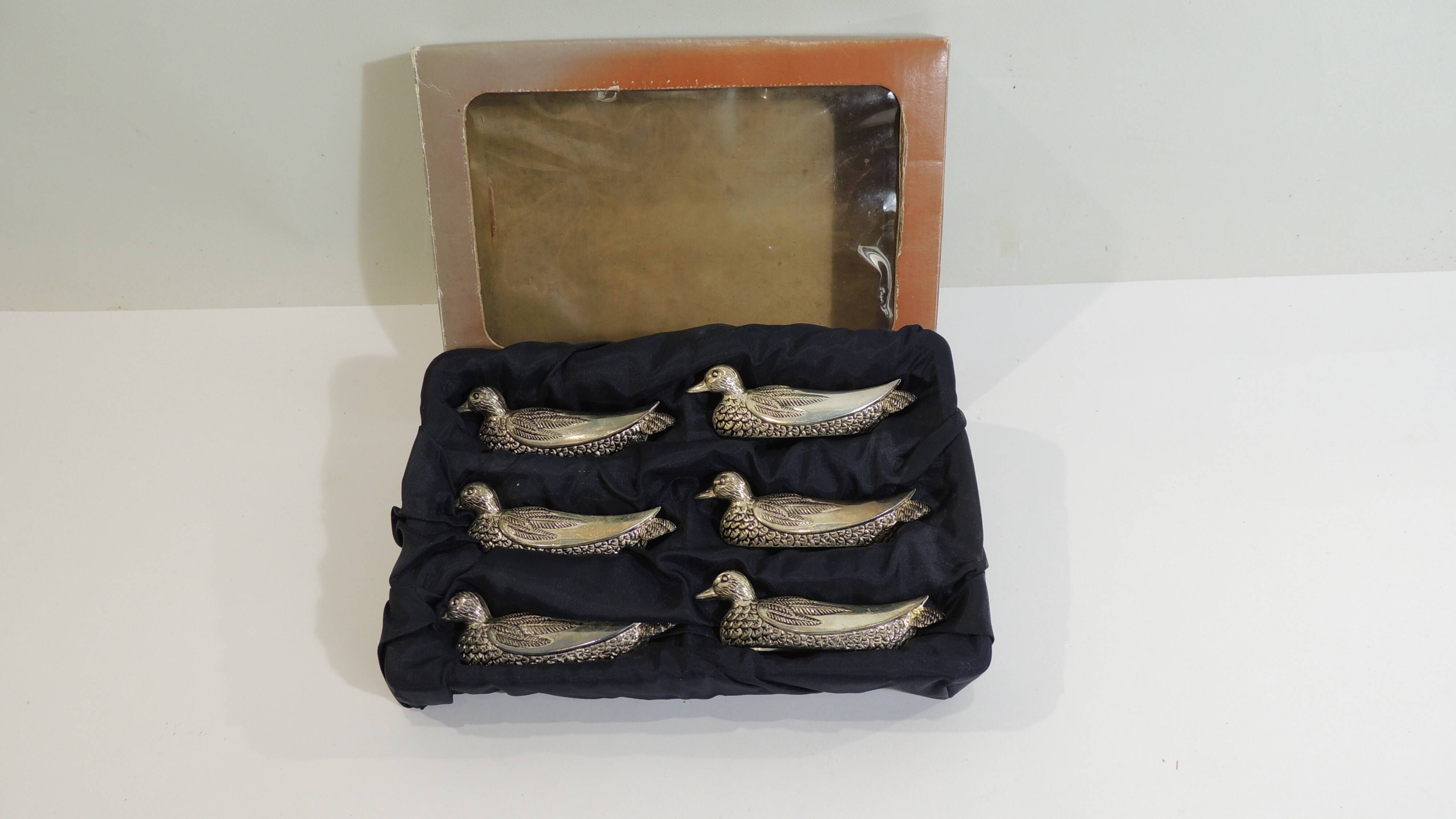 Set of 6 vintage silver-plated knife rests in the shape of ducks – Port
