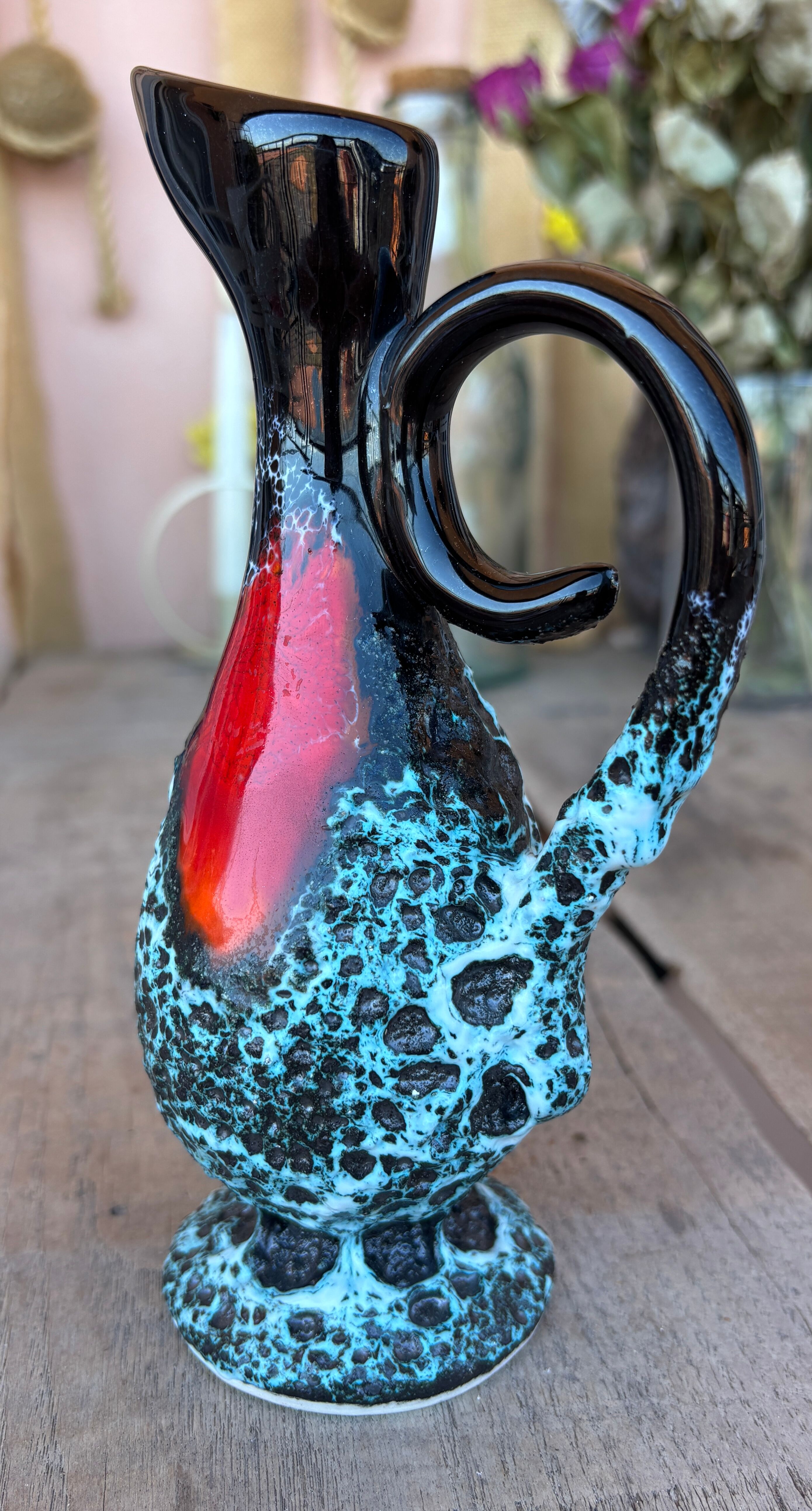 Vintage fat lava vase – turquoise red ceramic foam