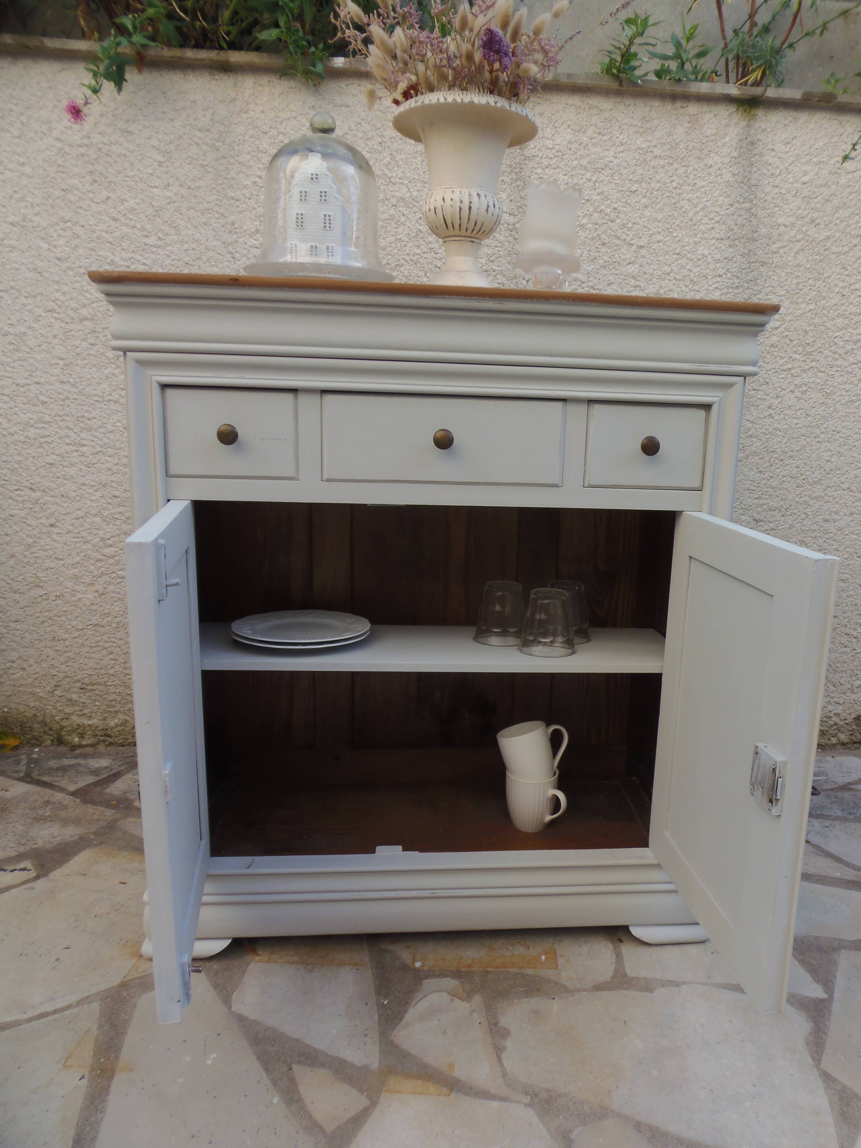 Small Louis Philippe style sideboard of beautiful craftsmanship, enhanced in storm gray.