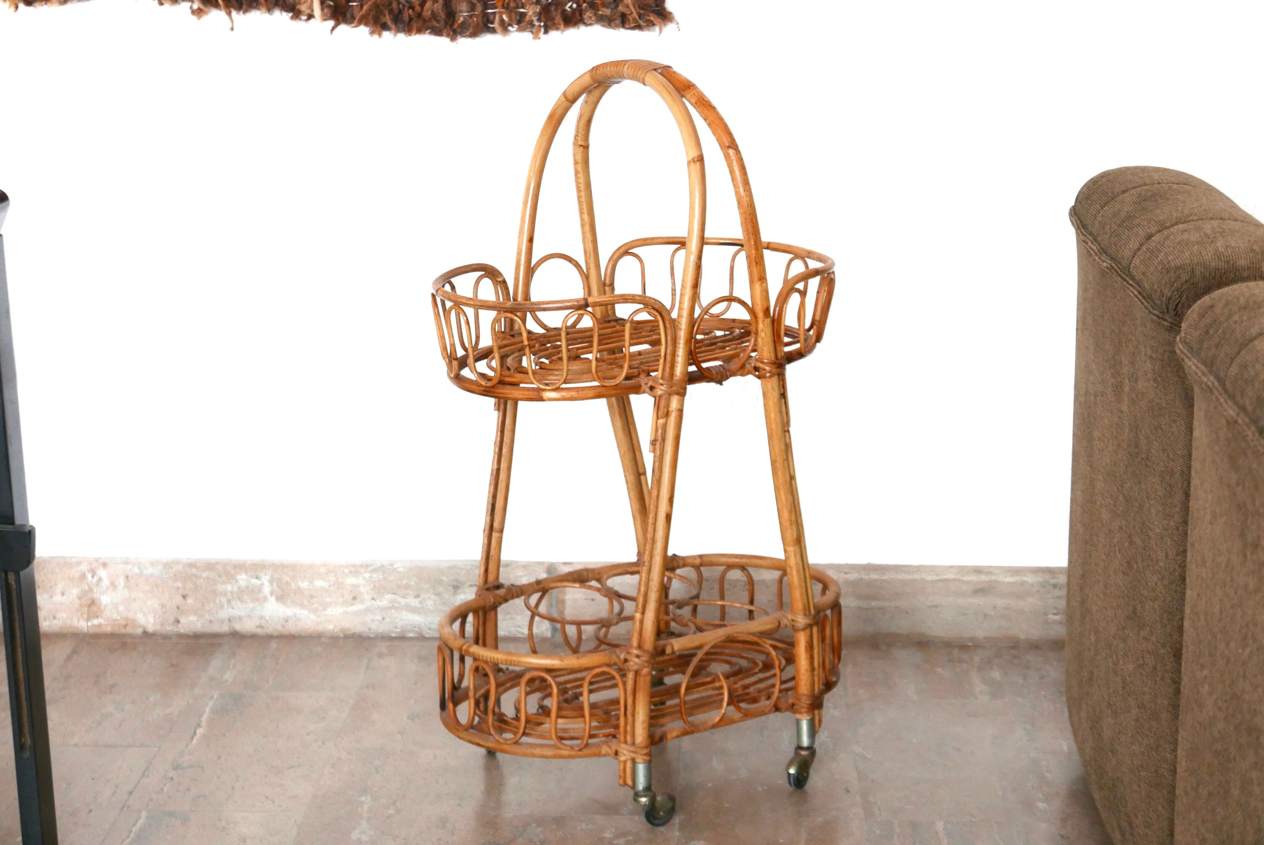 Rattan and bamboo trolley on wheels, 1950s