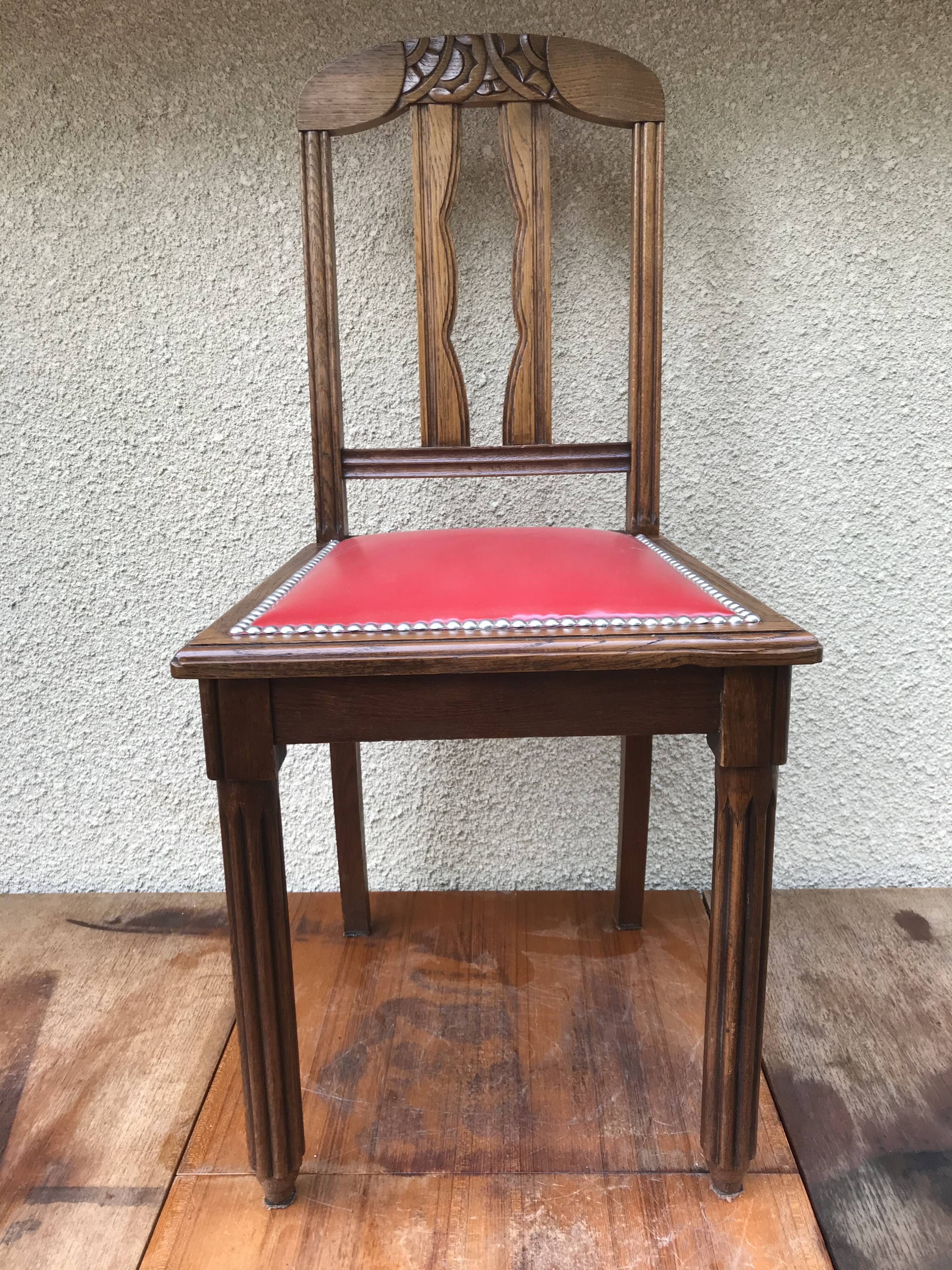 Pair of old chairs art deco in sculpted wood & vintage red leather seat