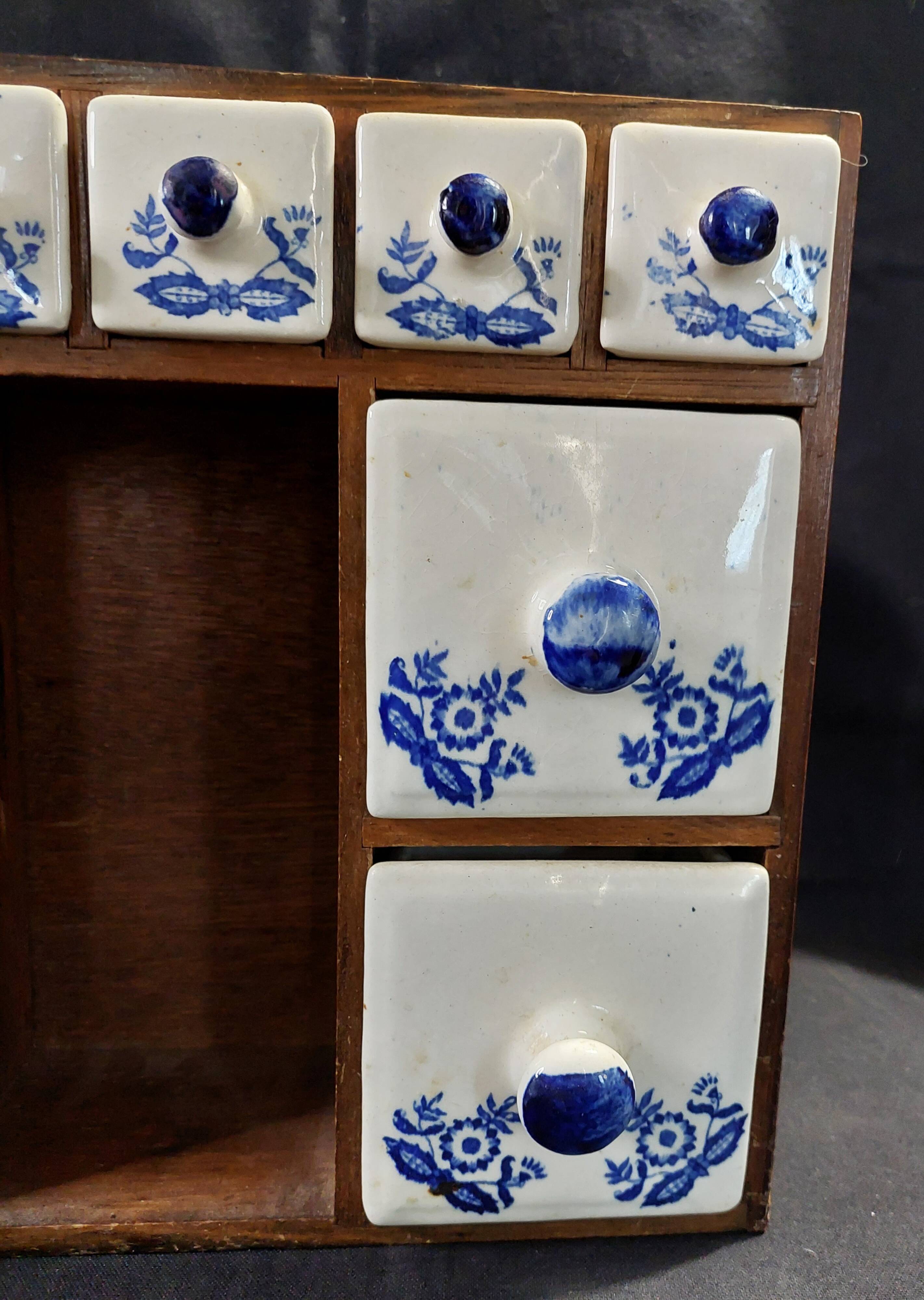 Vintage spice rack wood and earthenware blue decor