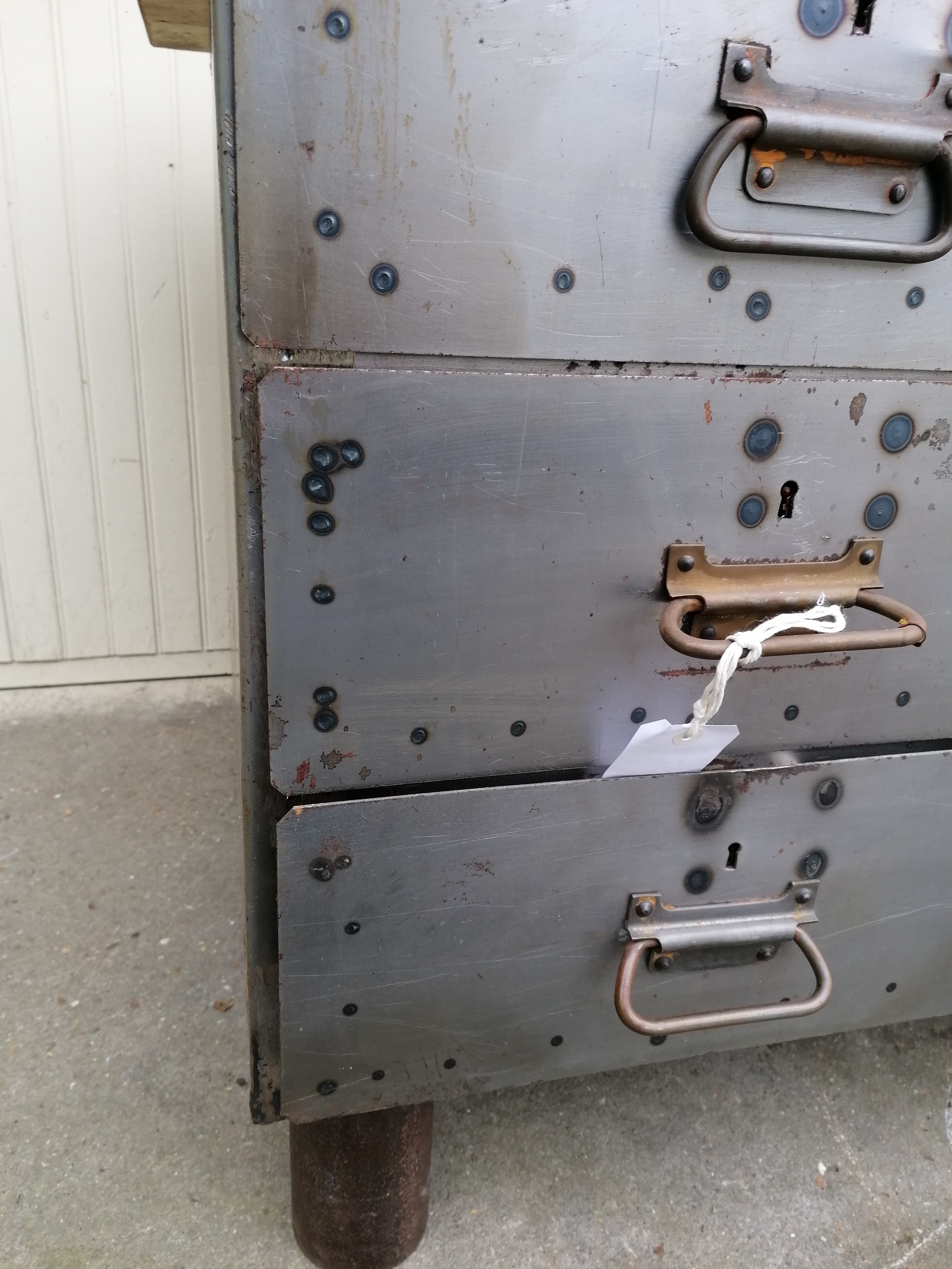 Antique workshop workbench, vintage, metal and wood