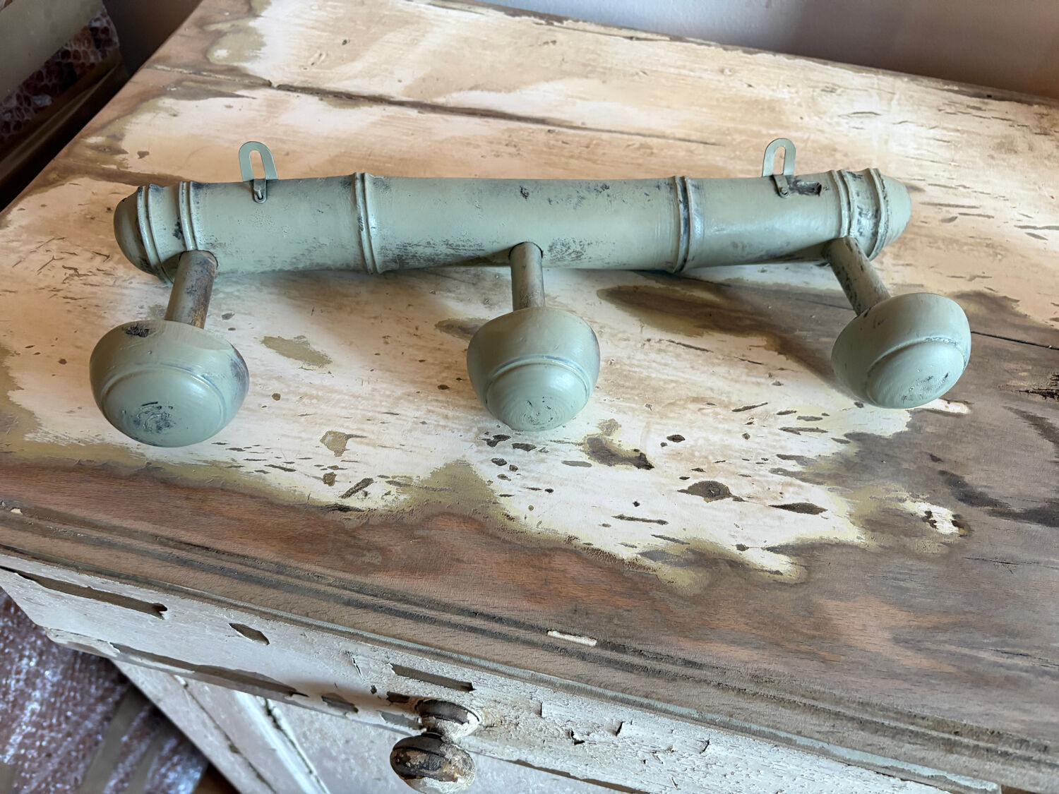 Antique coat hook, cerused green celadon