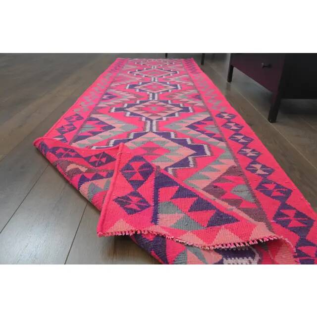 1970s Vintage Turkish Hand-Knotted Wool Cotton Pink Runner Rug 91x312