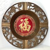 Vietnamese ashtray in openwork brass of plants (prunus, bamboo, orchid and pine) and enamelled metal