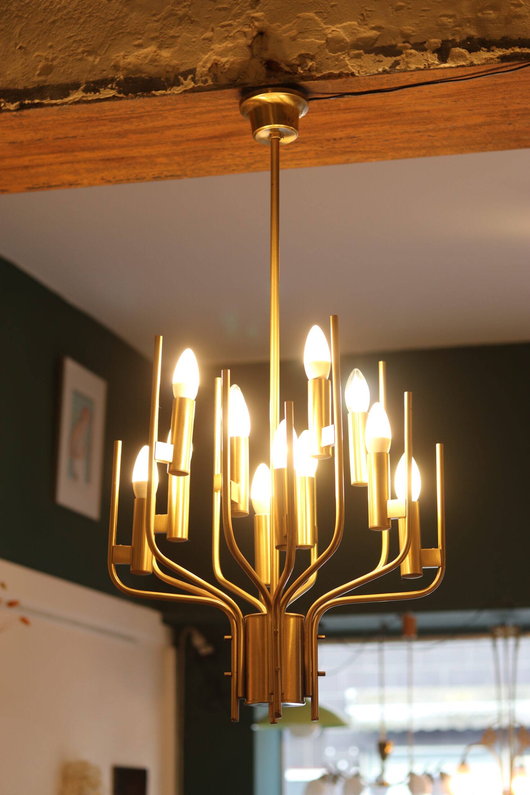 Italian chandelier Gaetano Scolari in brass, 1970.