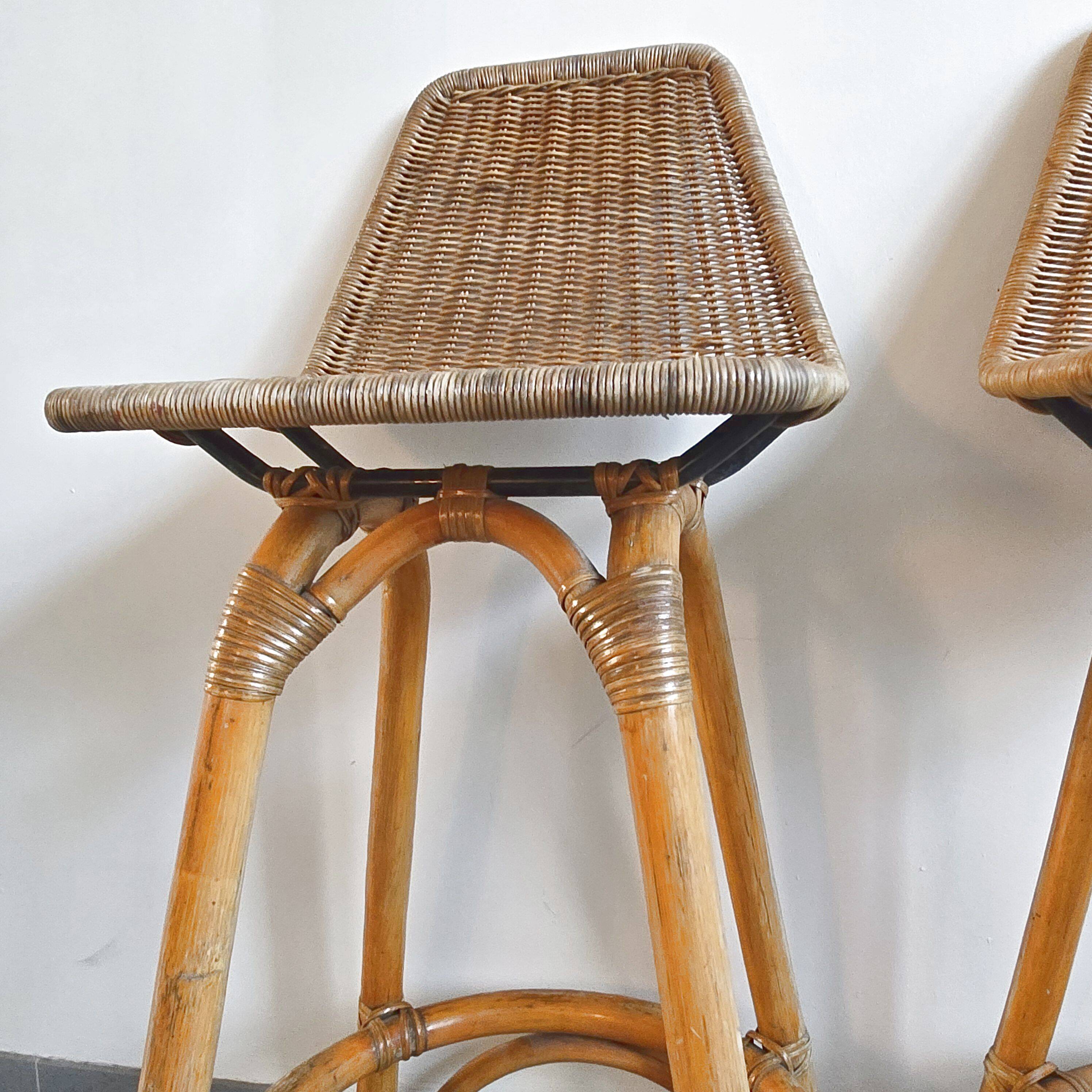 Pair of vintage rattan & bamboo stools 1950