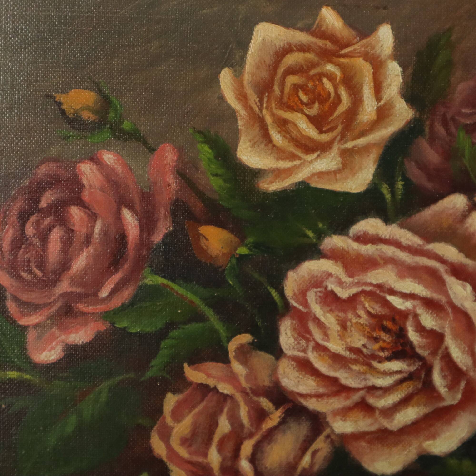 Large Floral Still Life Painting Roses Bouquet Signed R. Blanlin