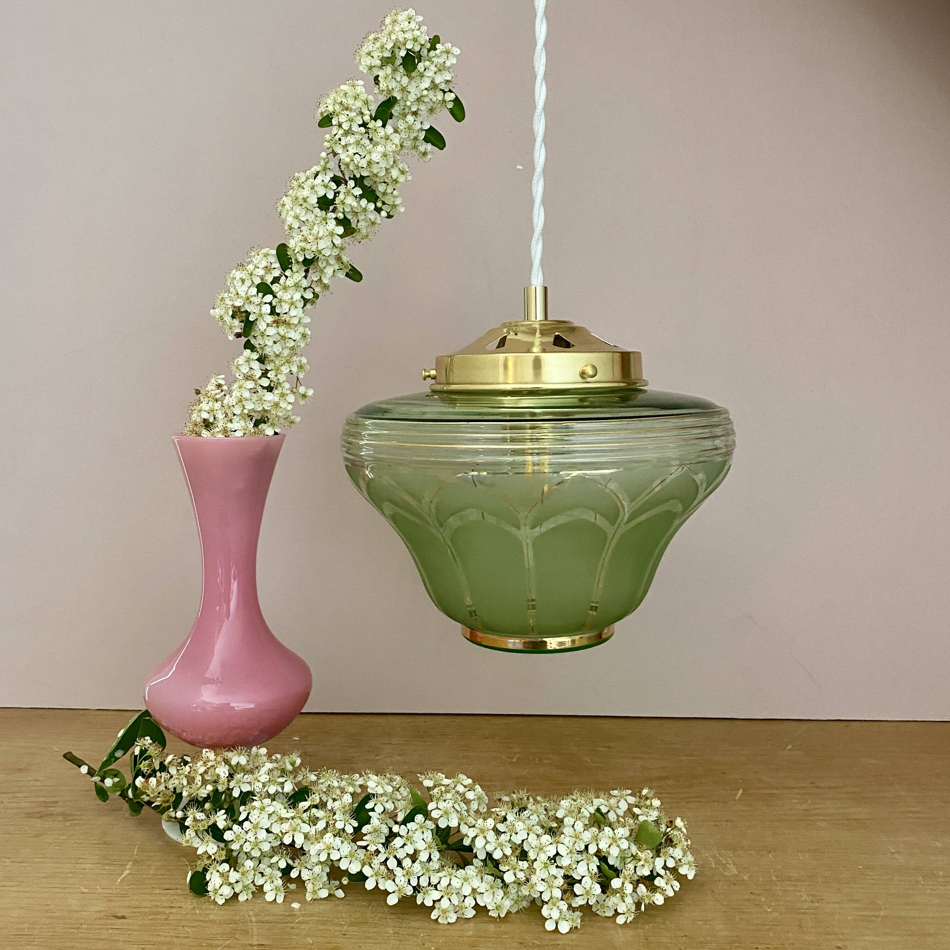 Vintage art deco globe pendant light in green and gold frosted glass
