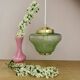 Vintage art deco globe pendant light in green and gold frosted glass