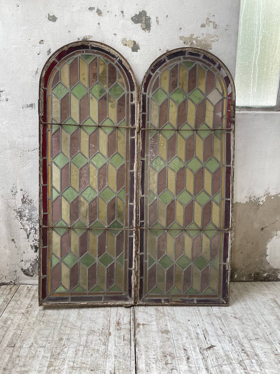 Old stained glass window in metal and glass 1900