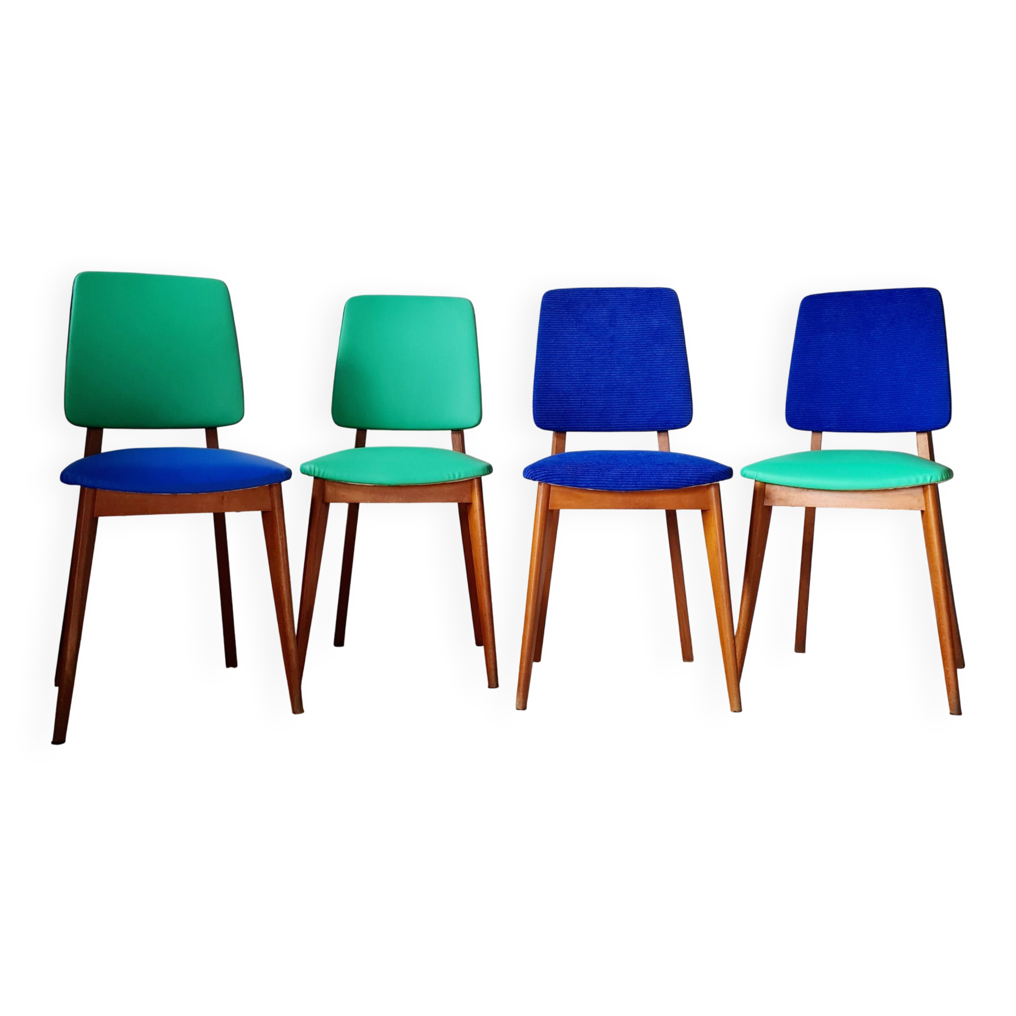 Series of velvet Scandinavian chairs - green and blue.
