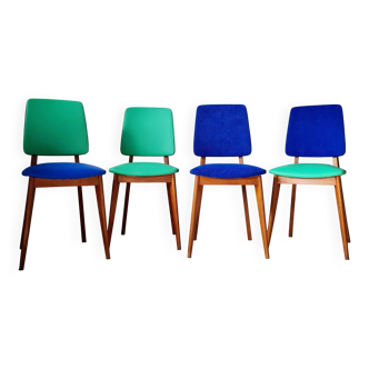 Series of velvet Scandinavian chairs - green and blue.