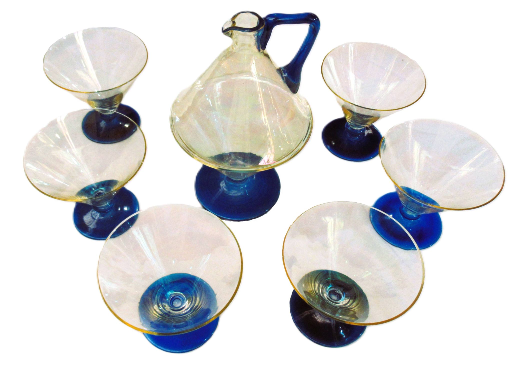 Postmodern service bar blown glass – 1 carafe and 6 St Murano glasses