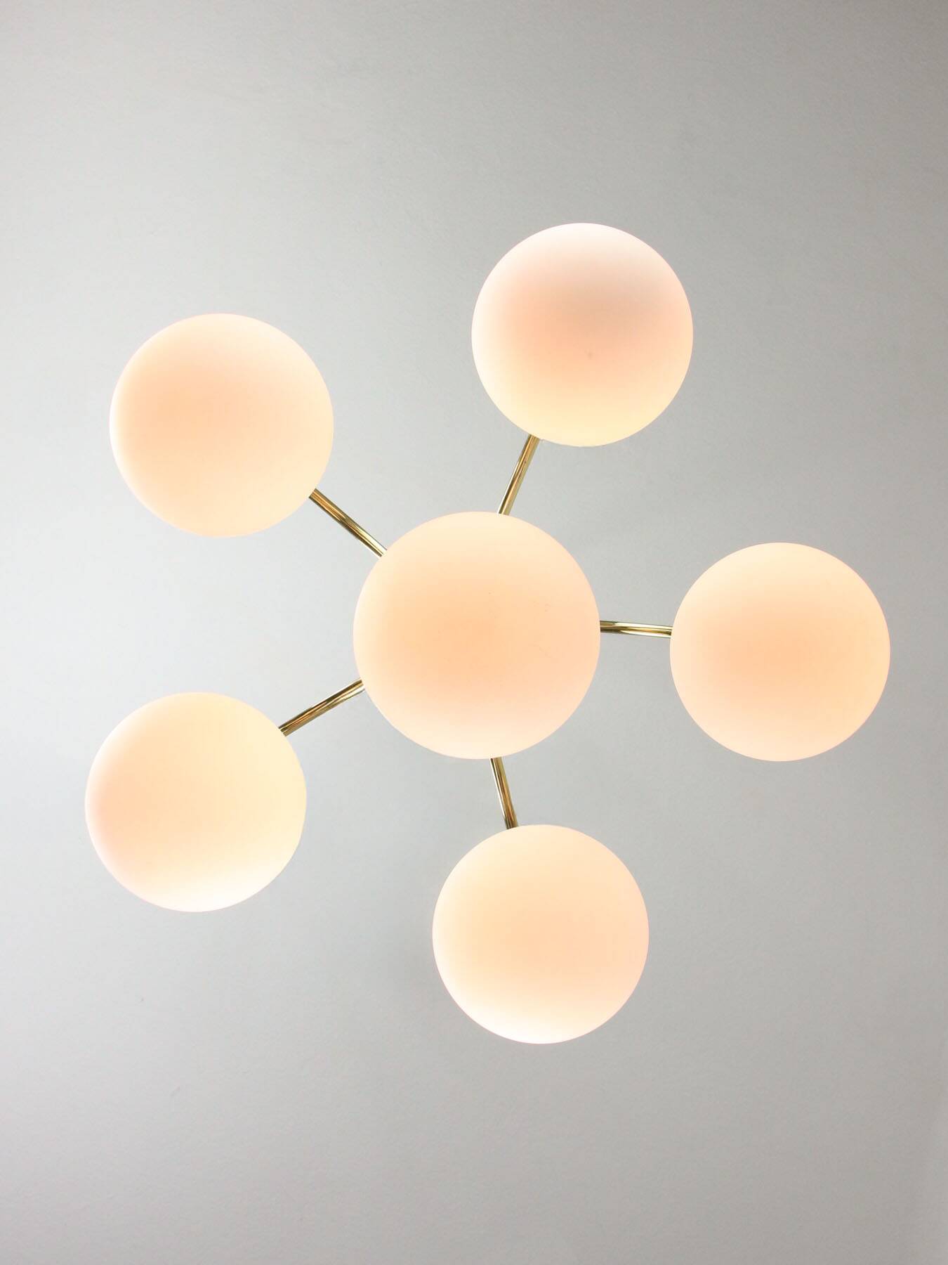 Vintage Golden & Opaline Glass 5-Arm Chandelier, 70s