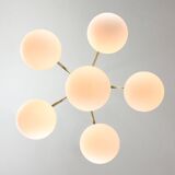 Vintage Golden & Opaline Glass 5-Arm Chandelier, 70s