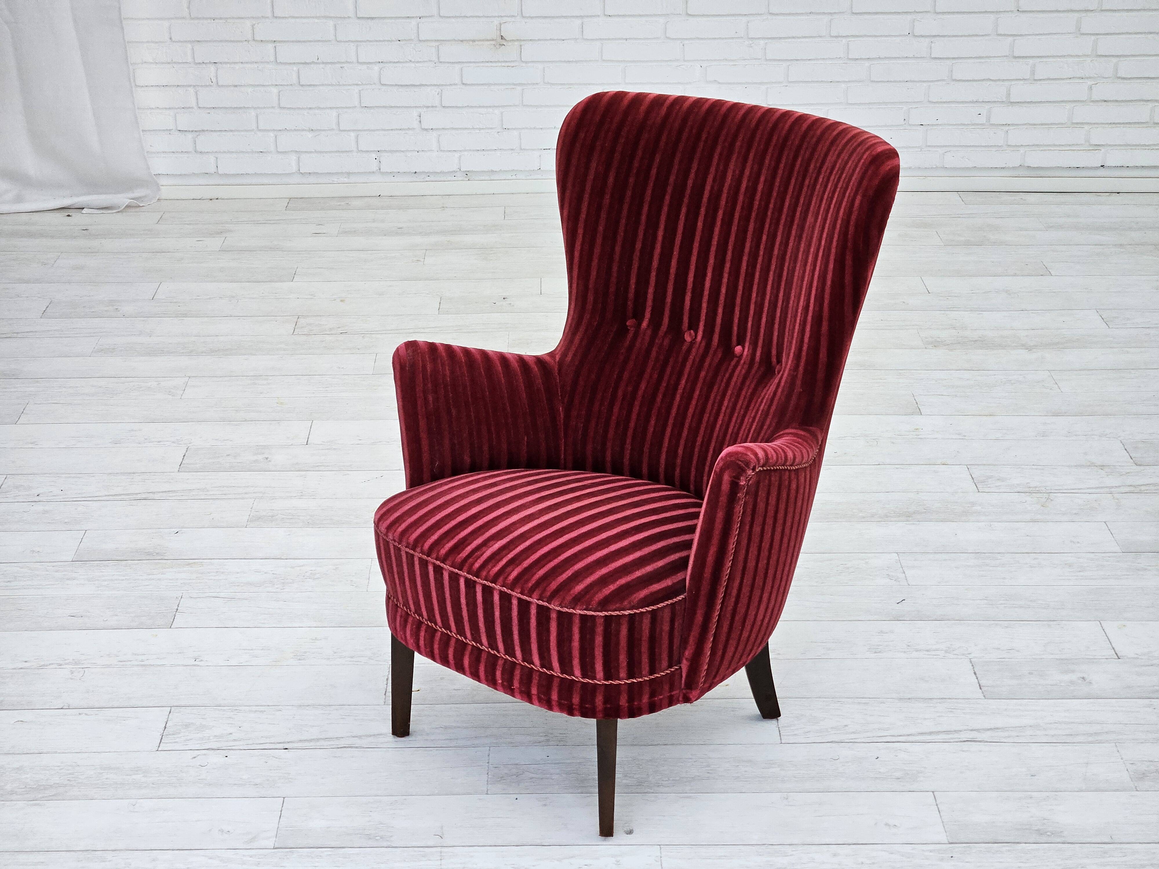 1960s, Danish armchair in cherry-red furniture velour, original condition.