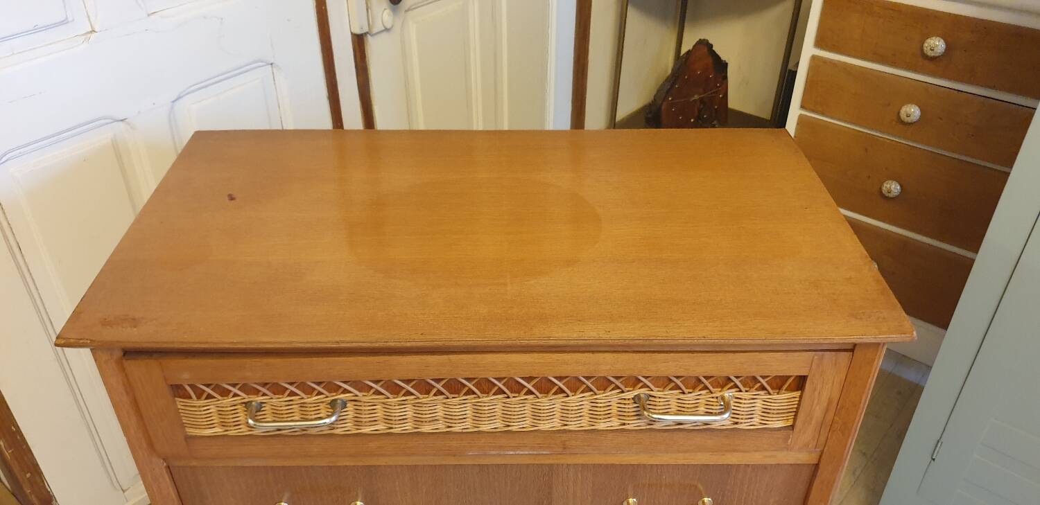 Wood and rattan chest of drawers