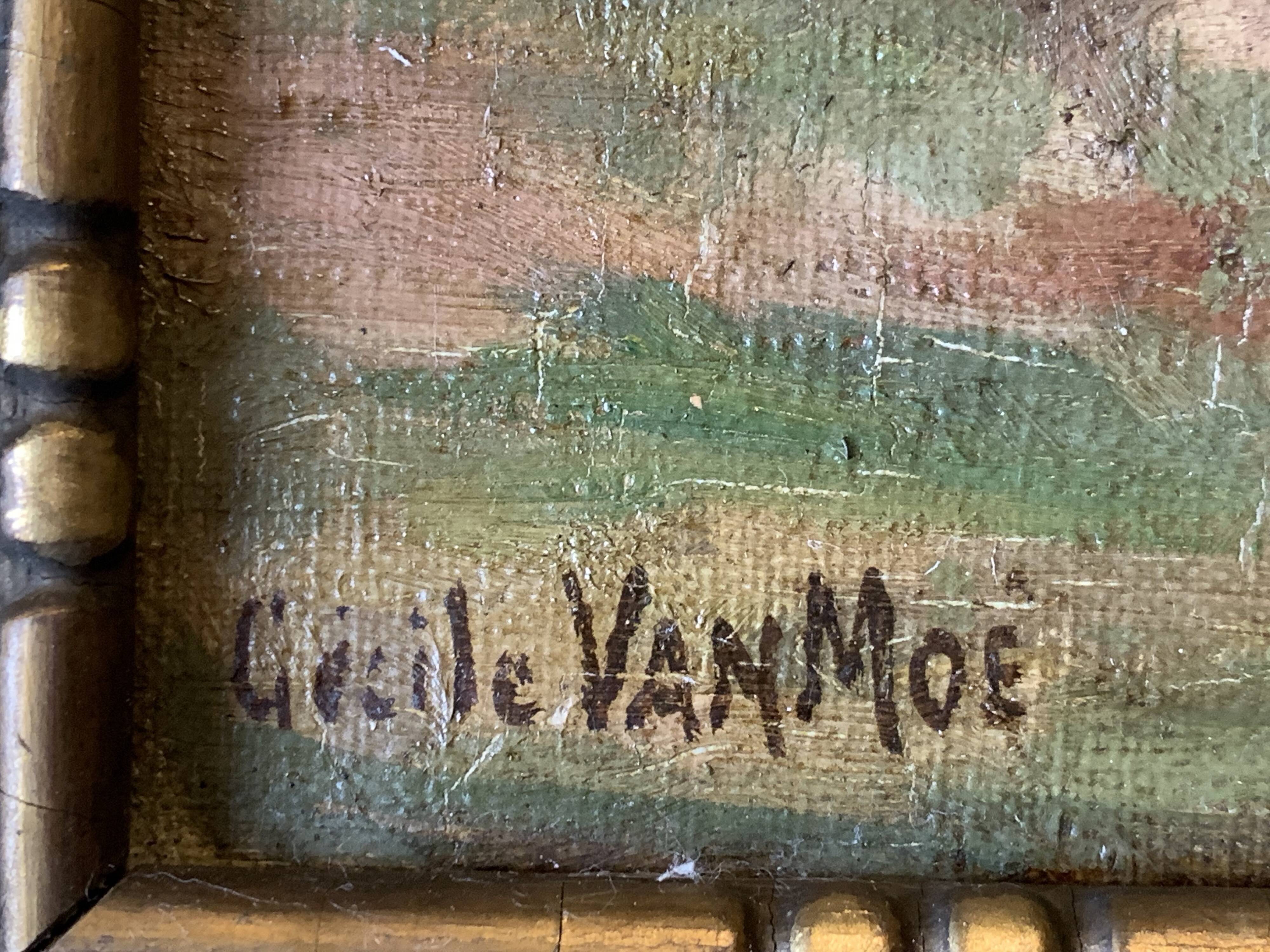 Cécile Van Moé. 19th Century Charming oil on canvas presenting a young woman near a well.