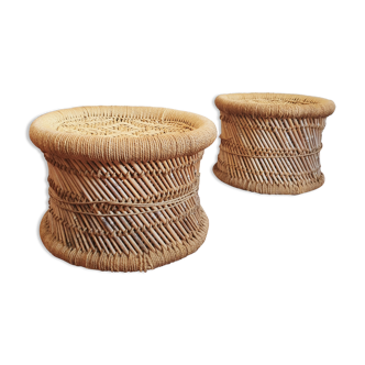 Two wicker and rattan bean ottomans