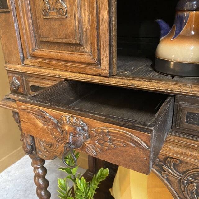 Antique carved wooden jam cupboard, two-part piece of furniture