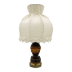 Small vintage wooden turned table lamp with a pleated shade.