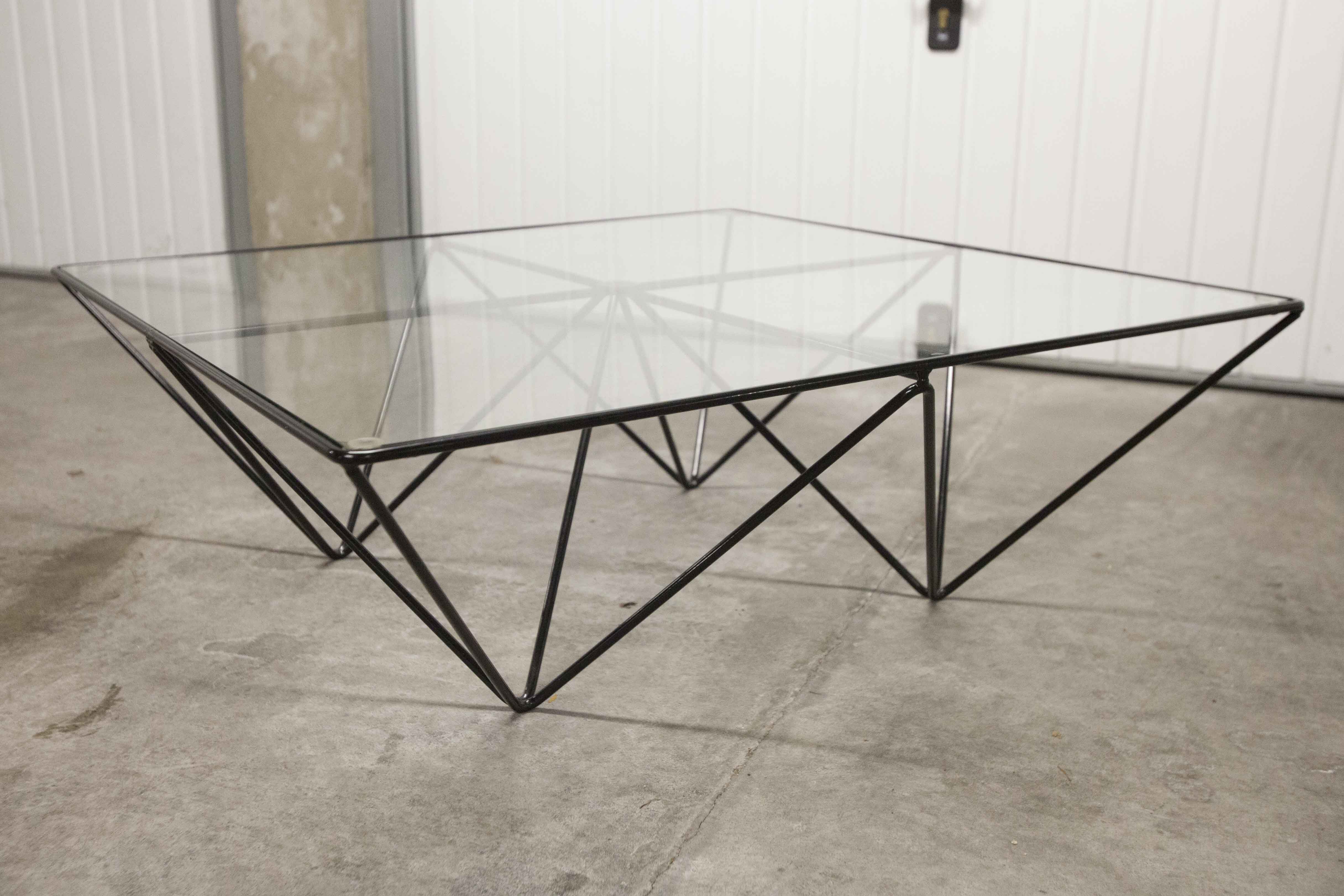 Square coffee table in glass and black satin metal 1980