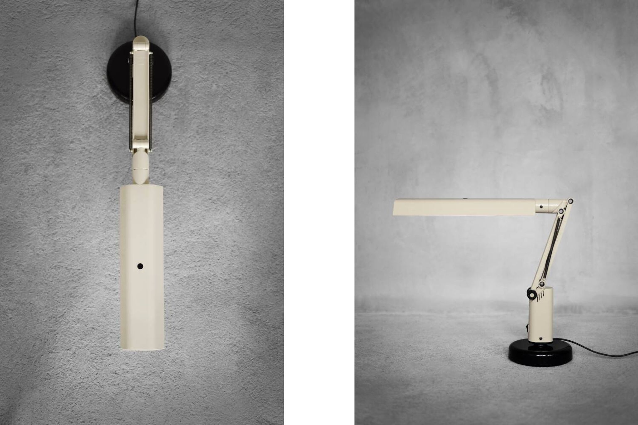 Beige plastic table lamp Lucifer, mid-century modern Scandinavian style.