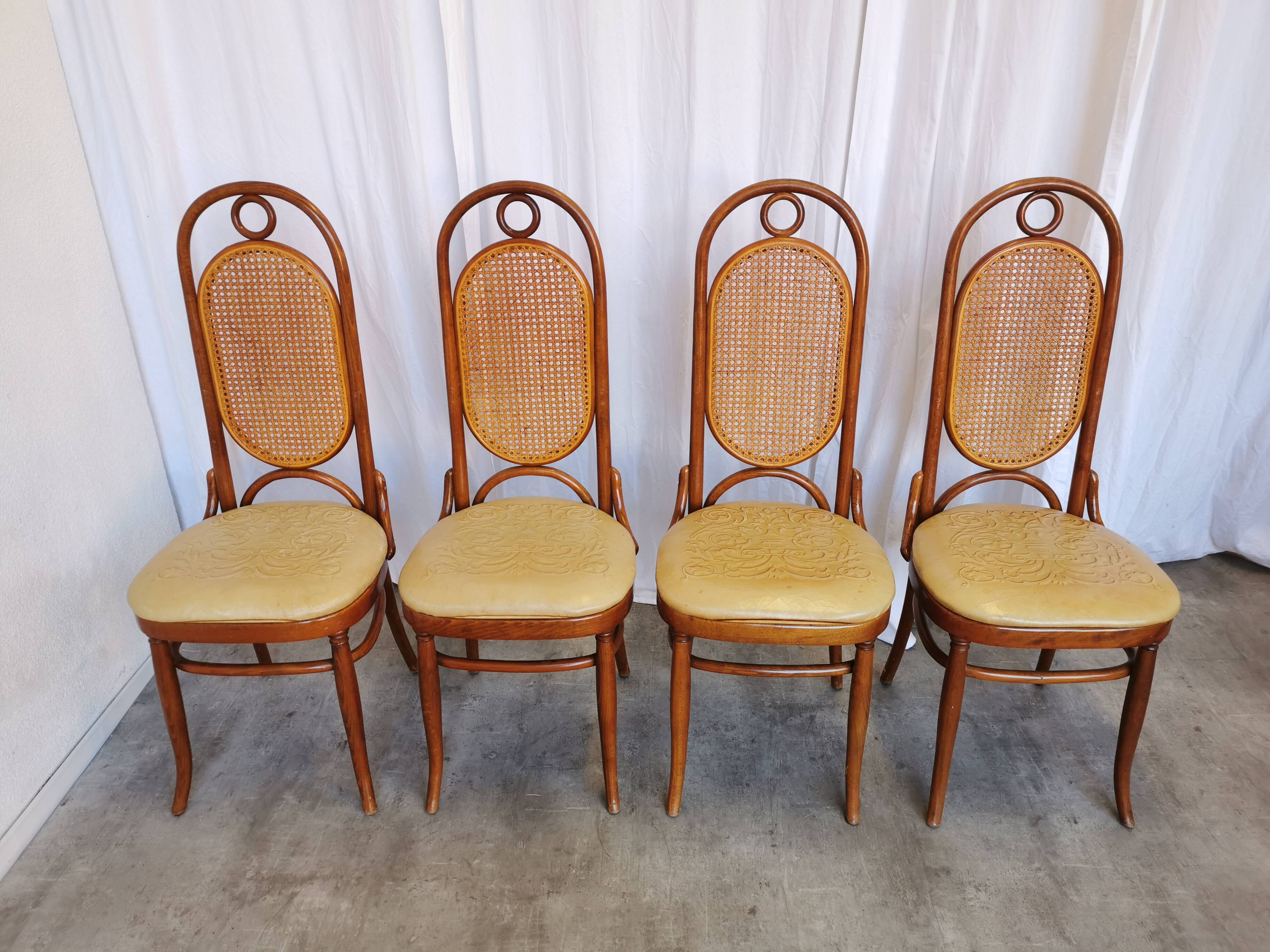 Set of 4 Vintage Bentwood Dining Chairs: Cane Back, Leather Seat, Thonet St