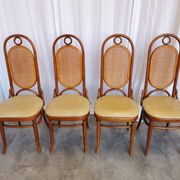 Set of 4 Vintage Bentwood Dining Chairs: Cane Back, Leather Seat, Thonet St