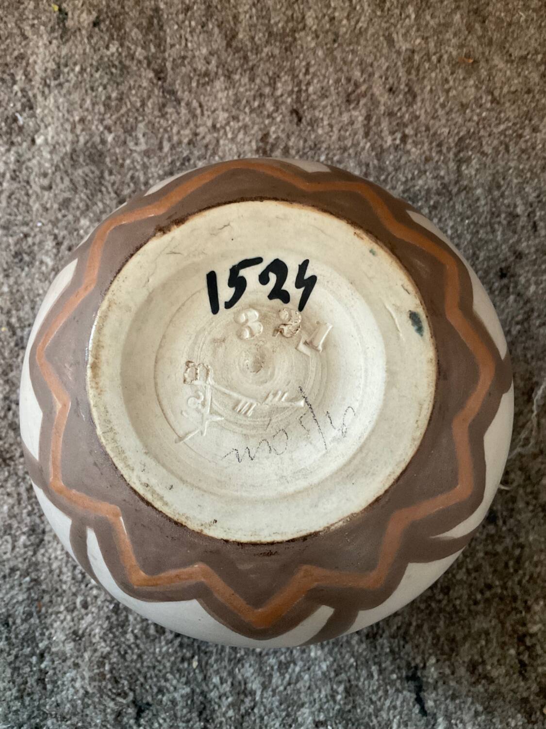 Vintage glazed ceramic ball vase signed