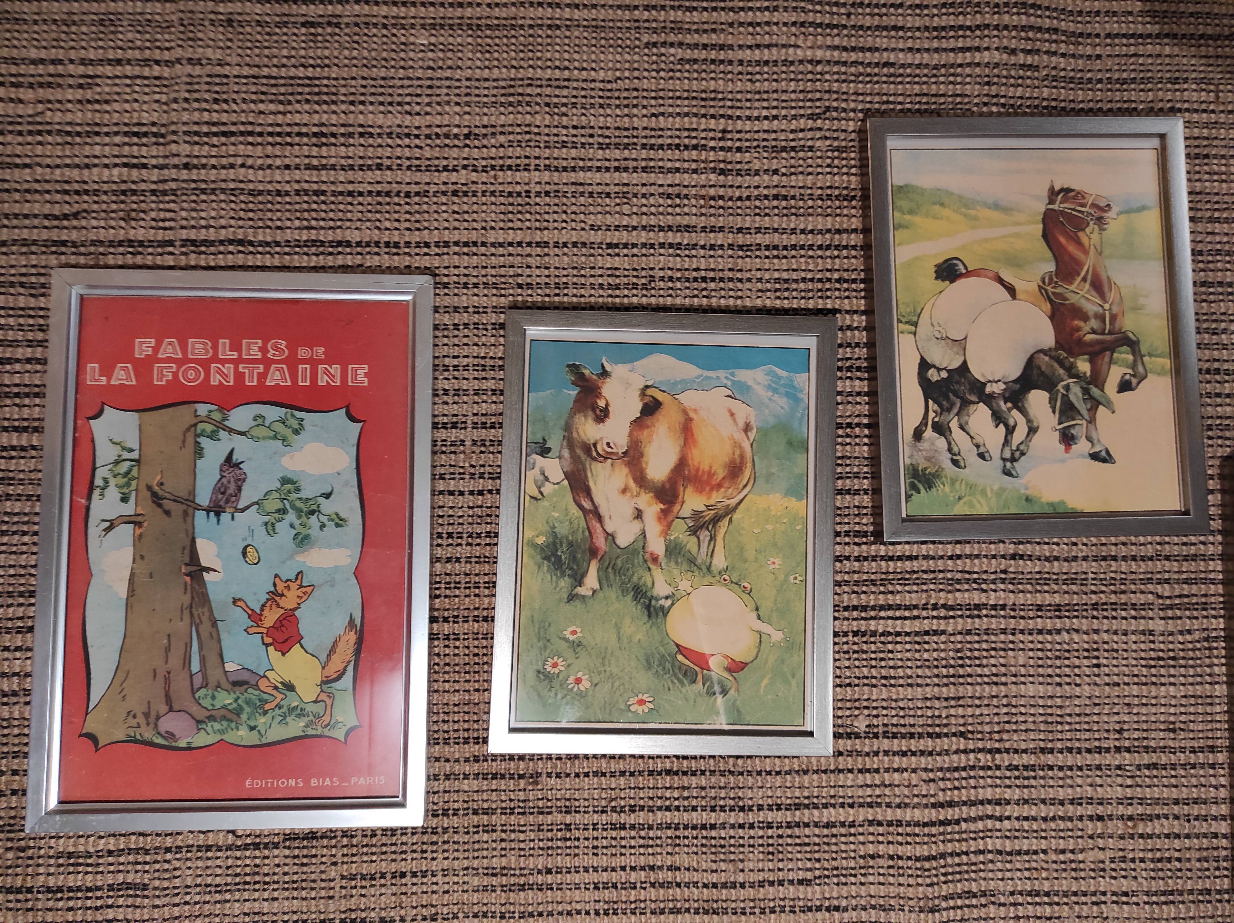 Set of 5 illustrations framed in glass the Fables of La Fontaine
