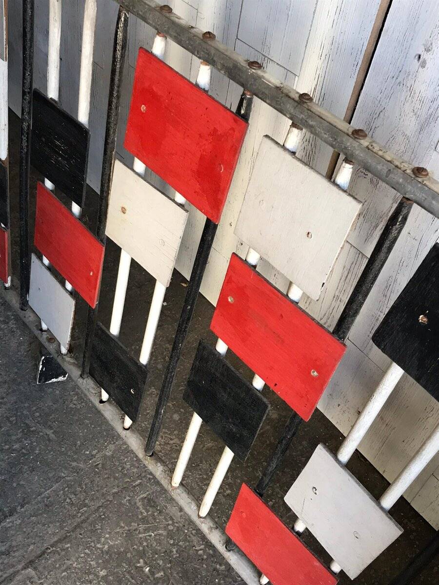 Large vintage 1960s multicoloured wall shelf system made of wood and aluminium.