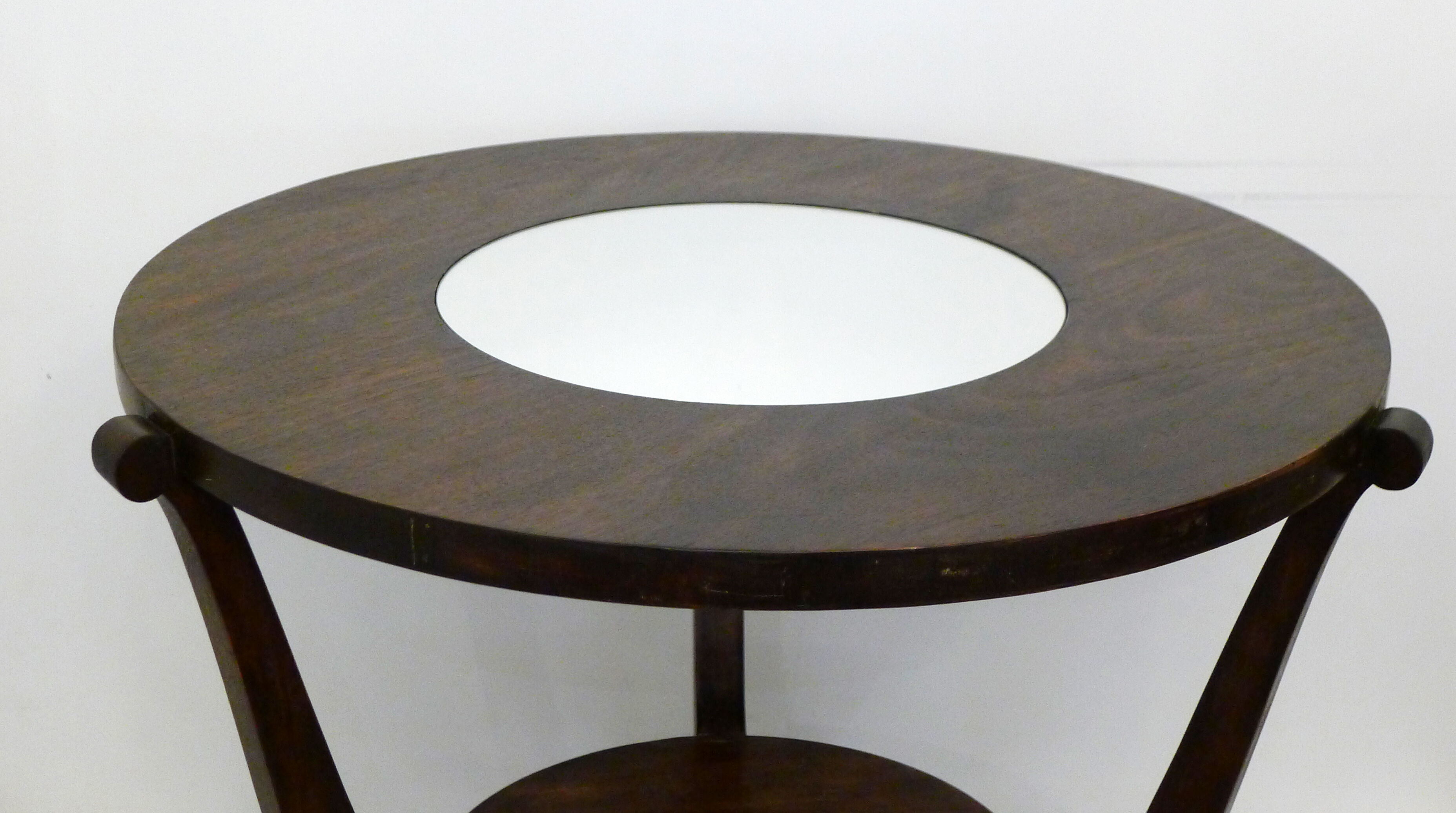 Table basse ronde Art Déco bois foncé & miroir