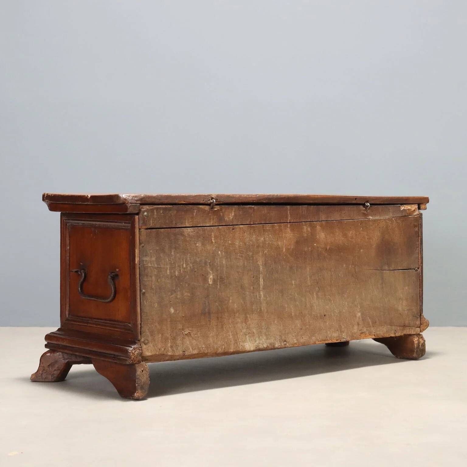 Antique walnut chest with wrought iron handles, Italy, 18th century.