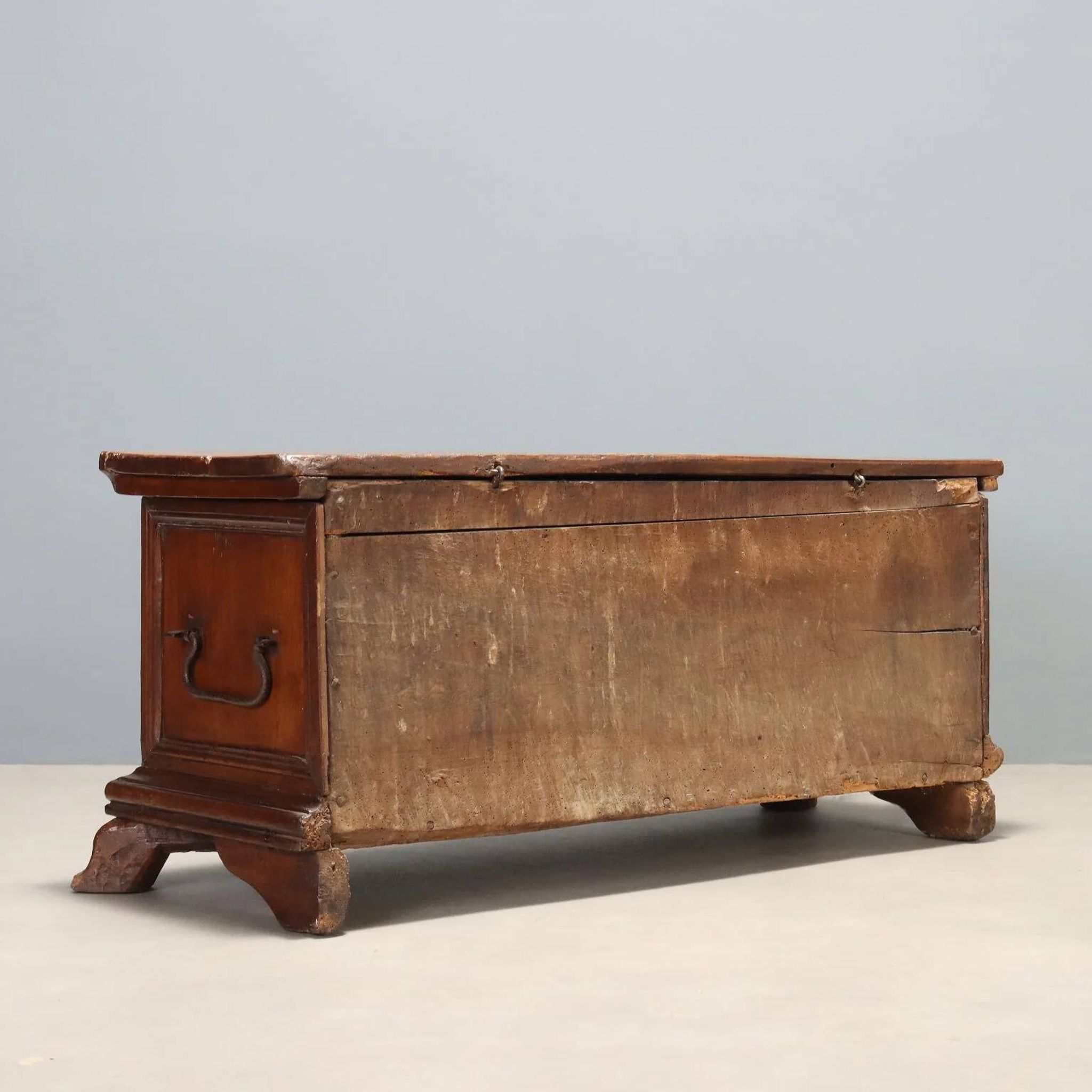 Antique walnut chest with wrought iron handles, Italy, 18th century.