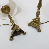 Pair of bedside brass base triangle triangular candelabra Church
